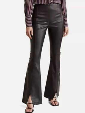 High-Rise Black Faux Leather Flare Pants with Front Slit
